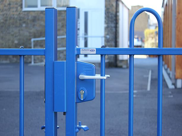 Bow top playground fence gate with key lock