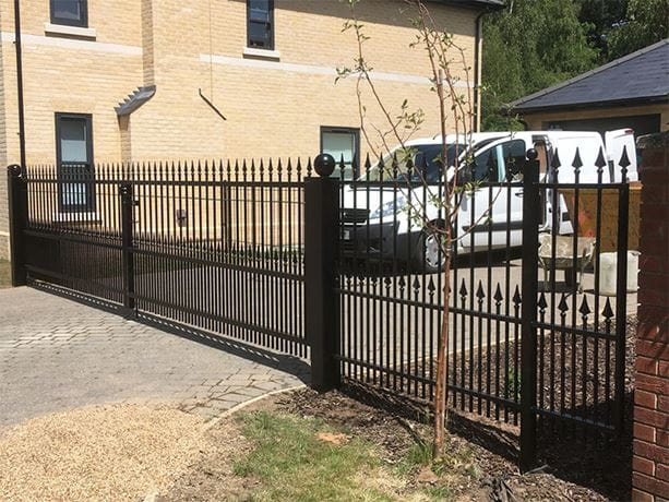 1.5m high black ornamental metal railings and gate