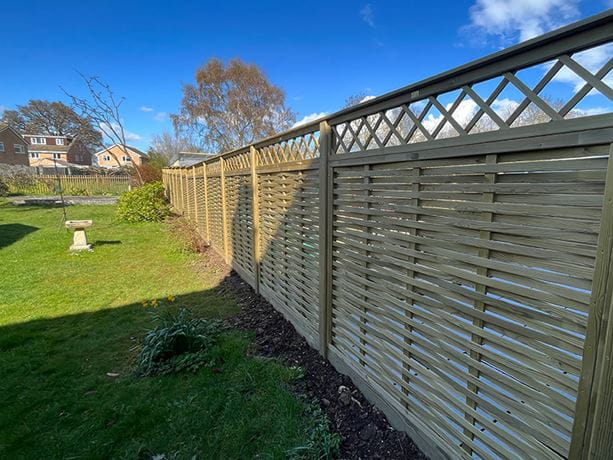 Woven fence panels with trellis topper