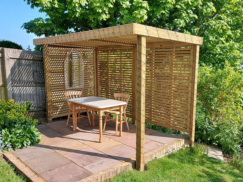 Garden shelter for outdoor dining and barbecues