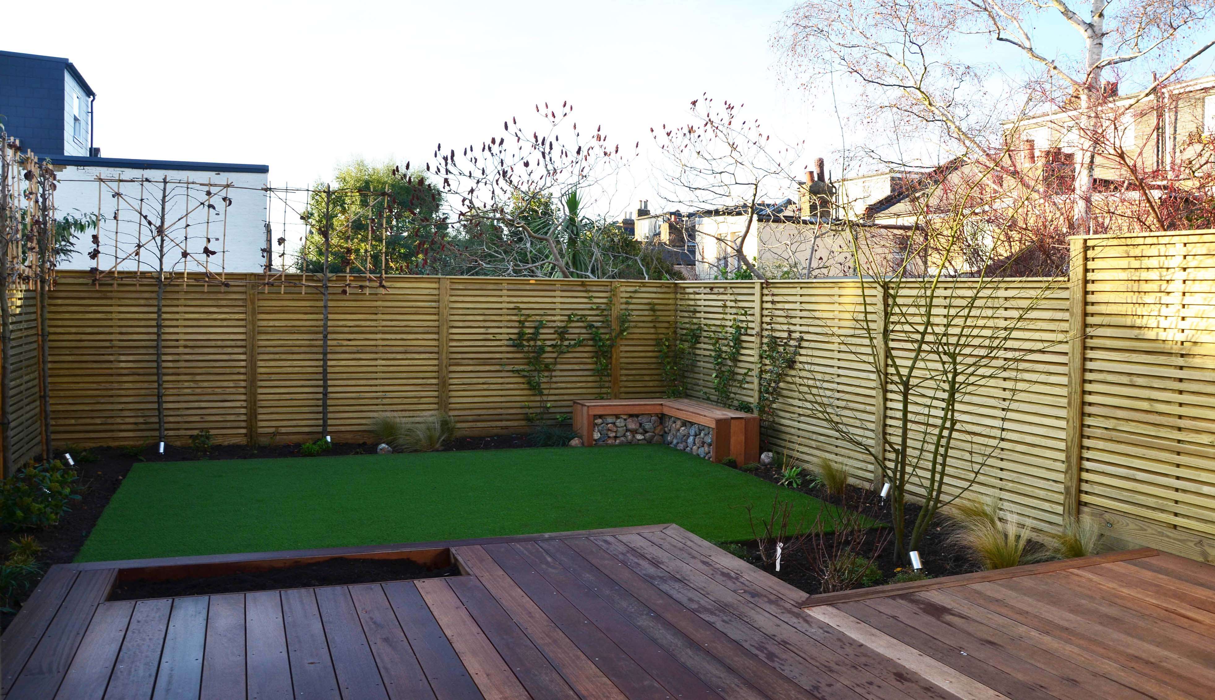 Gabion seat corner area created from fence panels