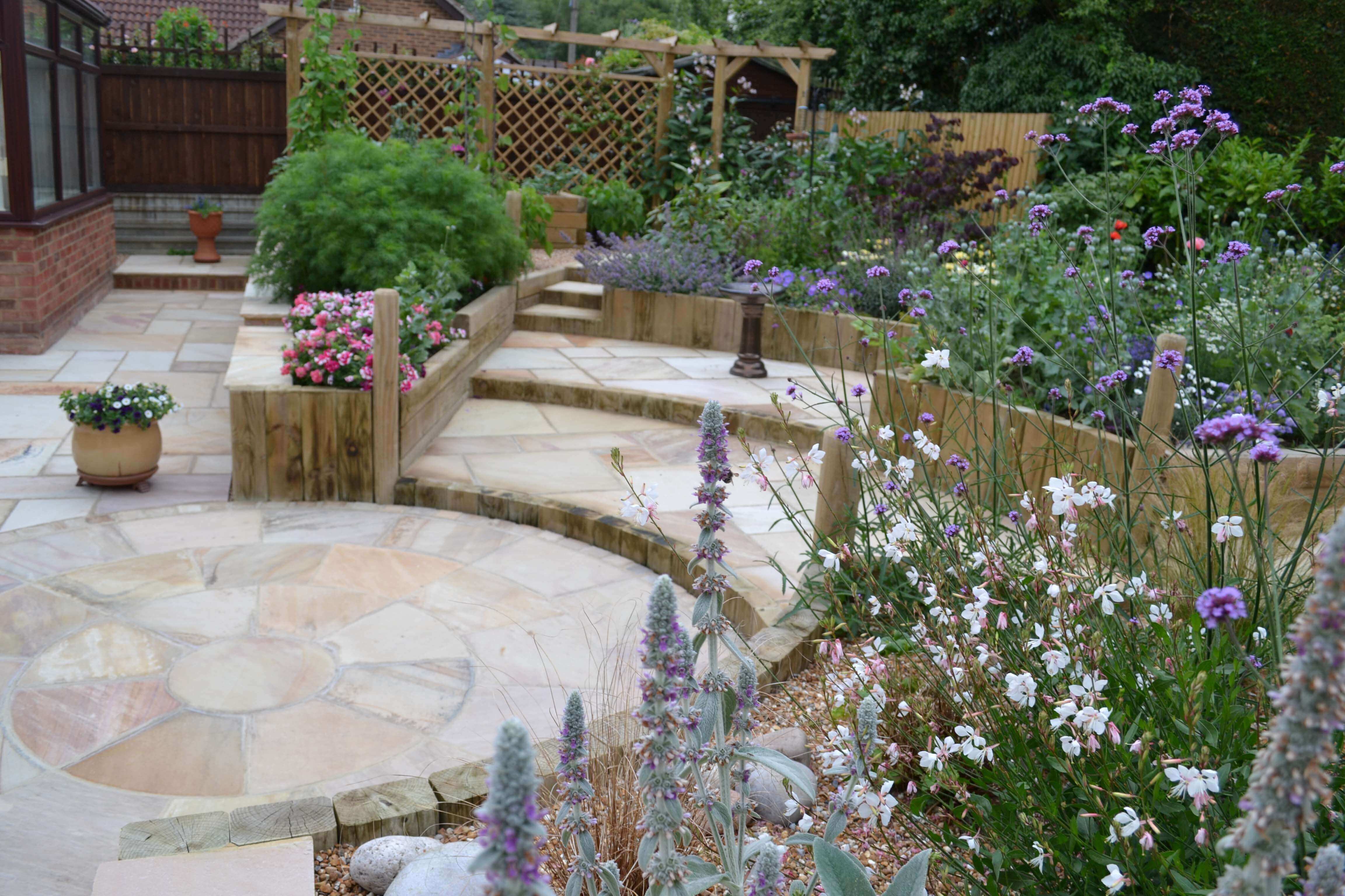 Circular paving surrounded by raised beds