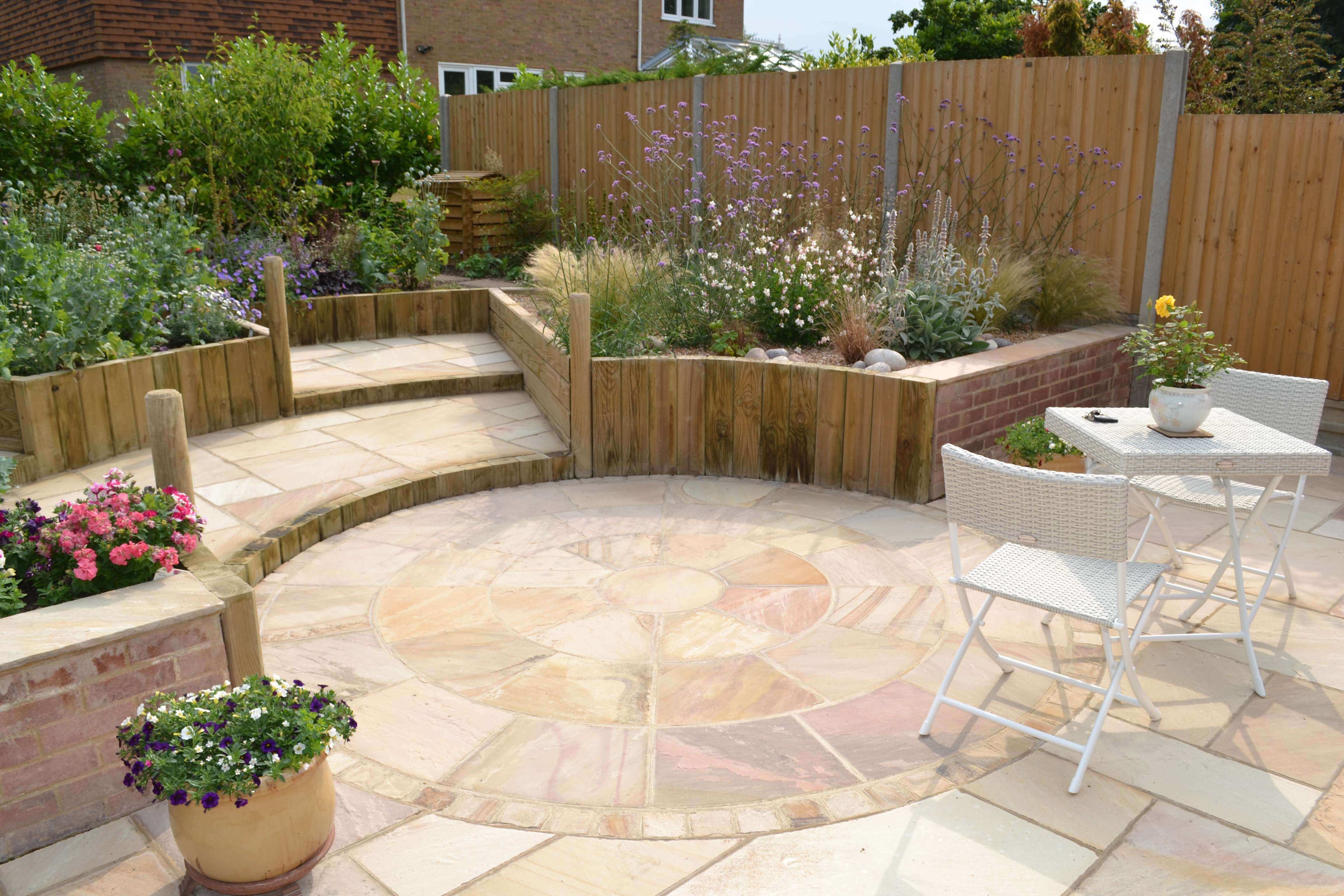 finished garden with central feature and Featherboard fence panels in background