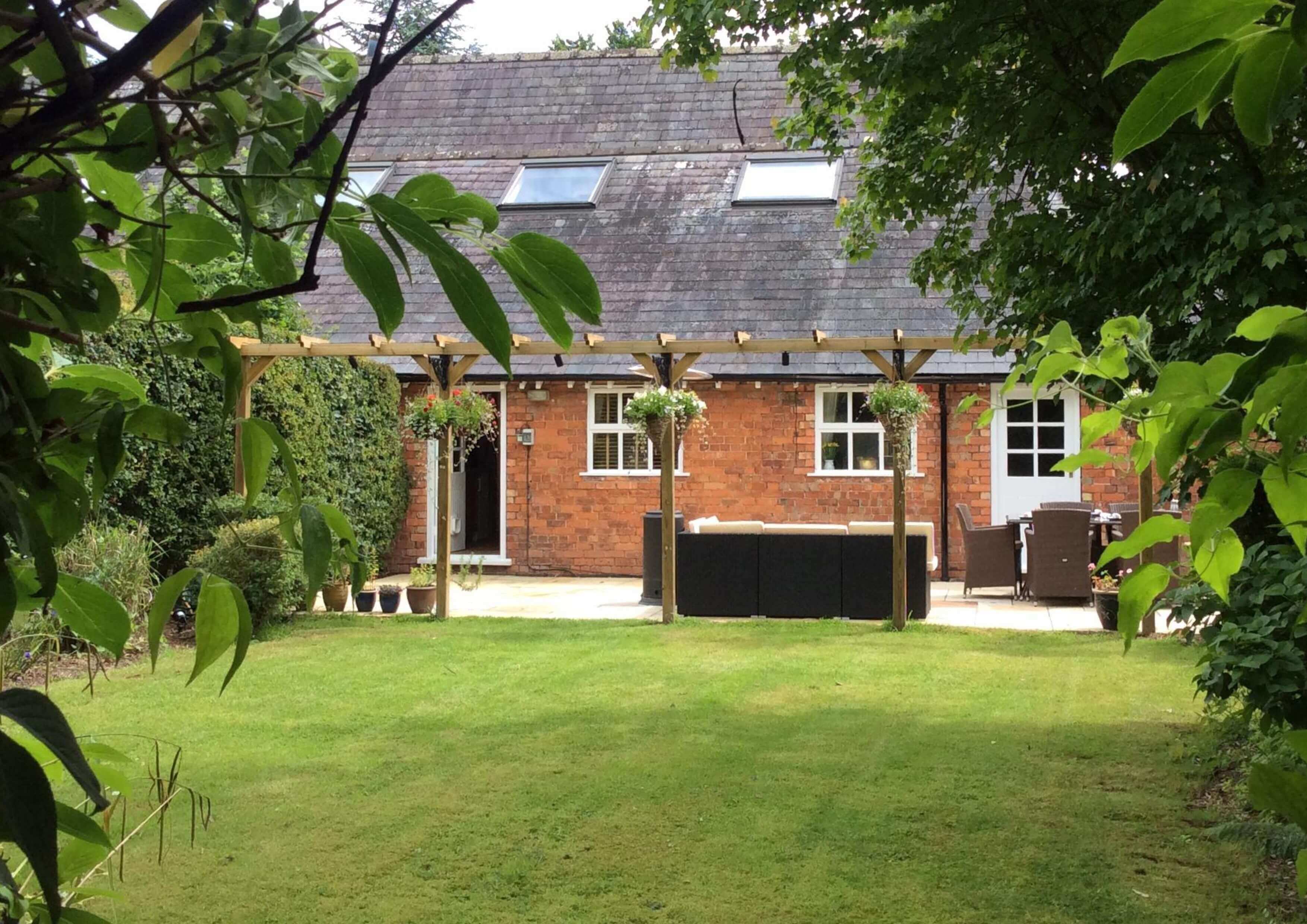 long view of seating pergola area