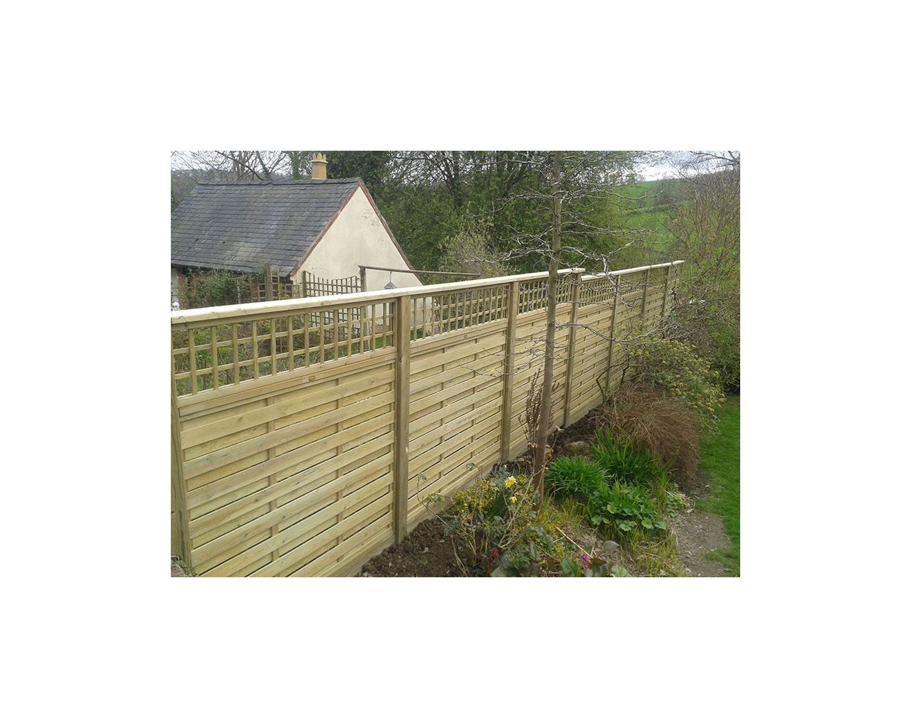 Hit and miss fencing panel with trellis finished