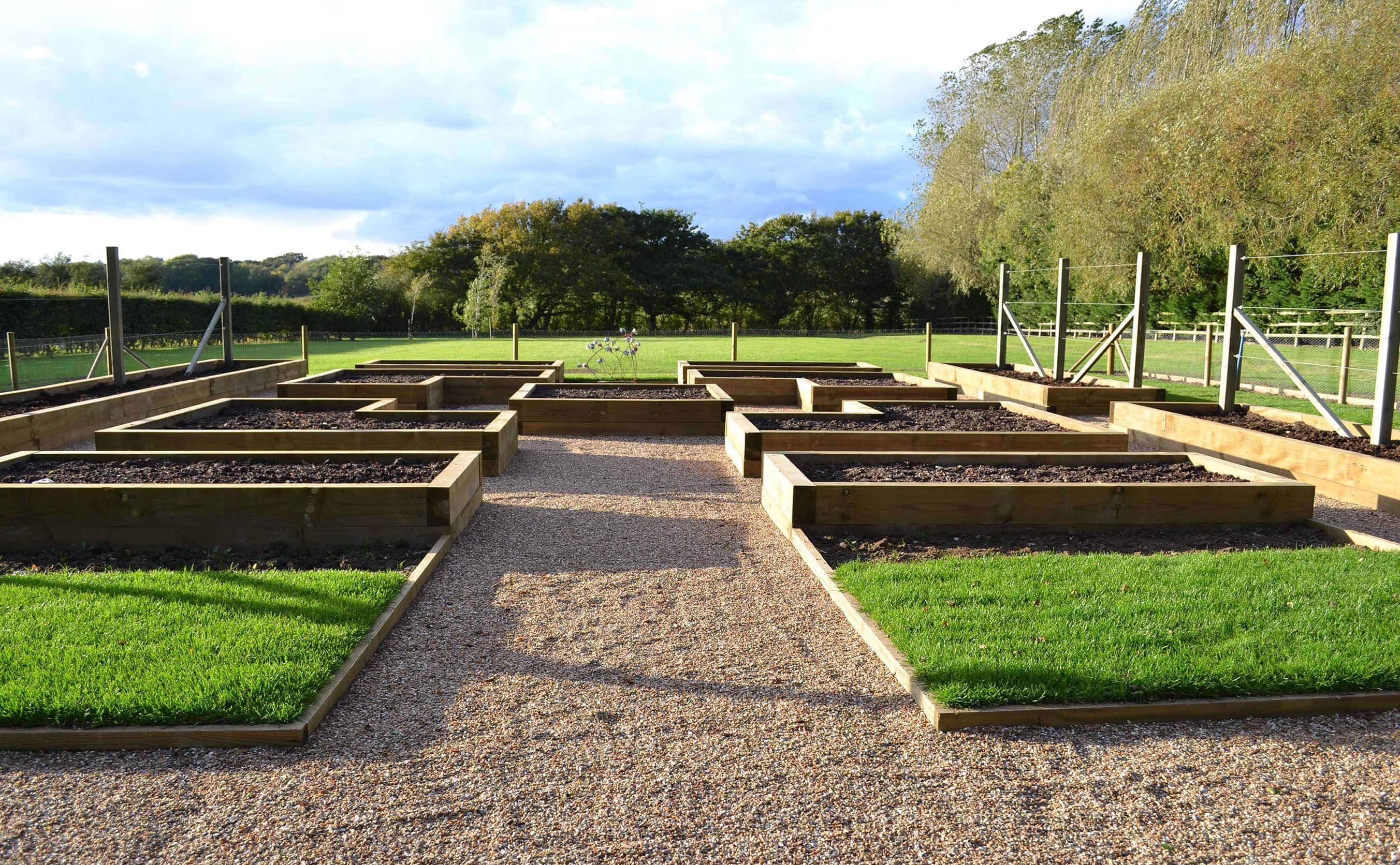 Potager central view showing raised beds created from sleepers