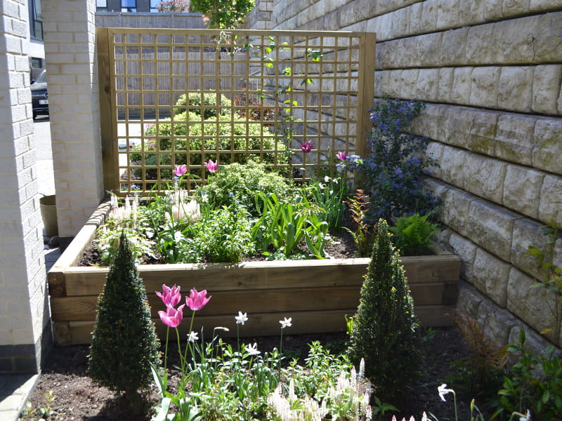 Square trellis and timber sleepers Square trellis raised beds and timber sleepers