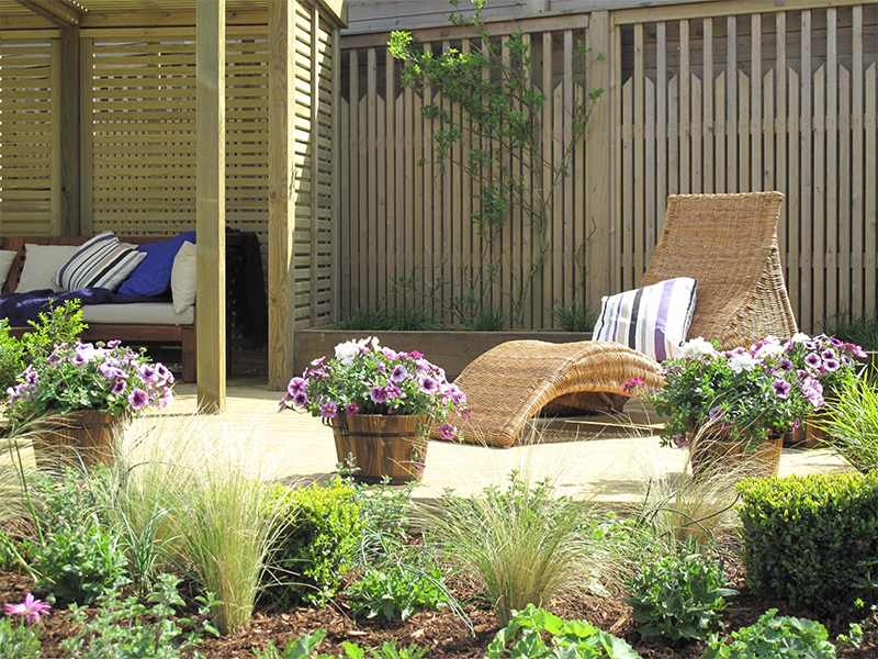 garden with decking and shelter